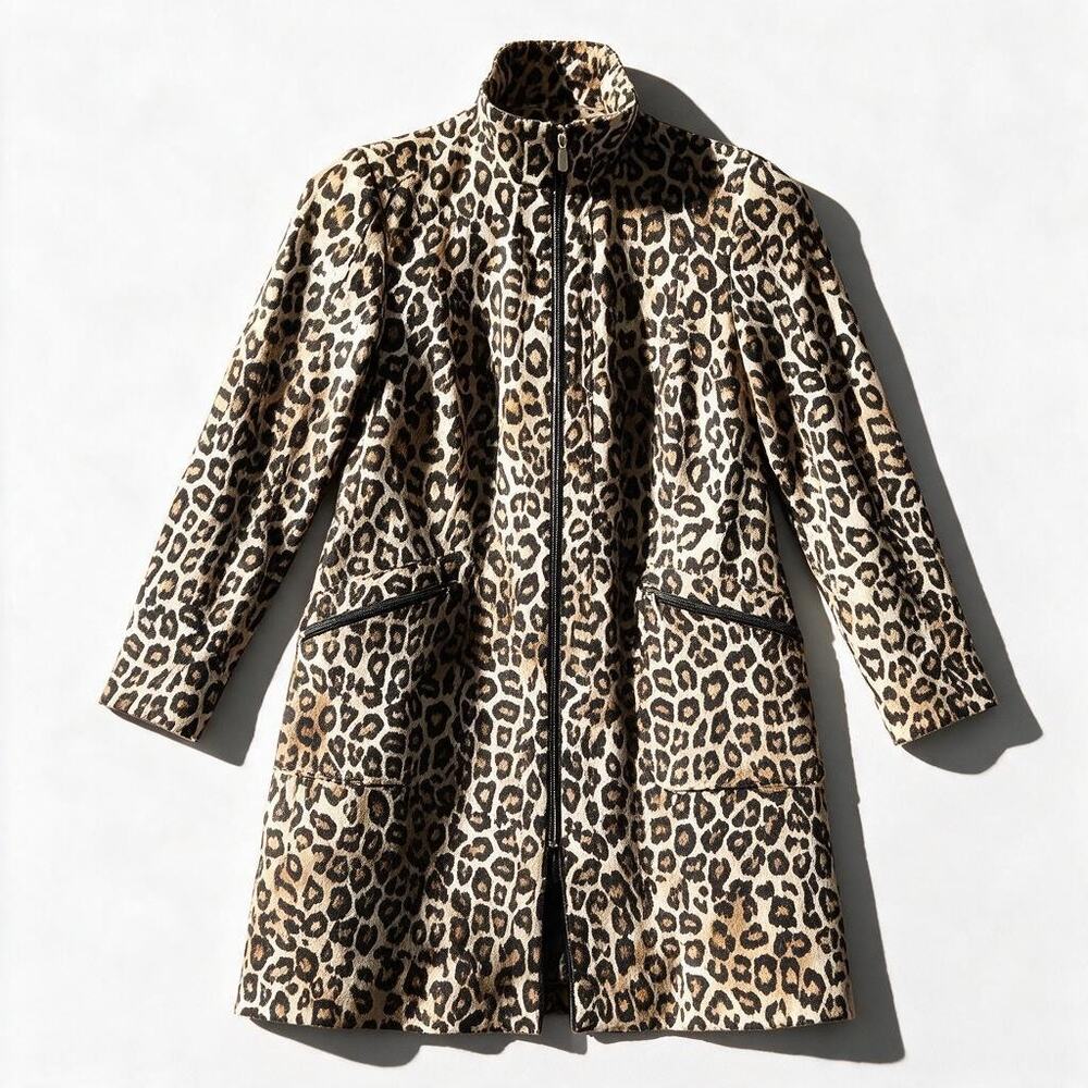 Chico's Leopard Print Zip Front Jacket – Beige & Black – Size 1 – Collared